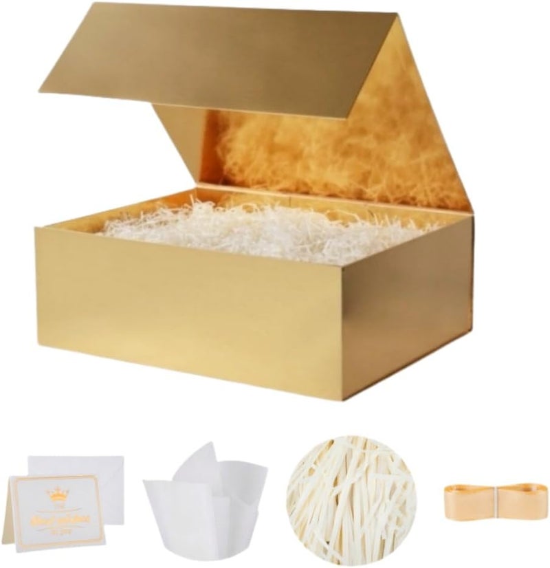 UoeRing 1 Pcs Gold Gift Box 9.5x6x3 inch Small Luxury Gift Box for Presents with Magnetic Lid Collapsible,Birthday,Christmas,Contains Card, Ribbon, Tissue Paper,Shredded Paper Fille - Image 1